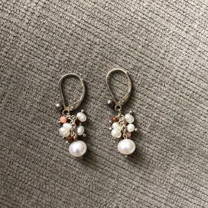 Silver pearl, coral and goldstone hanging earrings